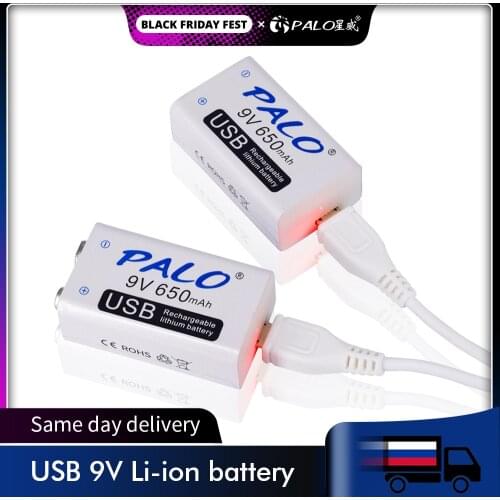 PALO 2-20pcs 9V 6F22 USB lithium Rechargeable Battery 9 volt 650mAh li-ion li ion liion smart fast charging batteries