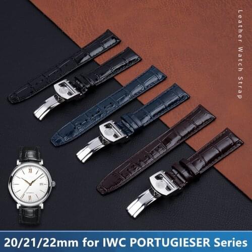 20mm 21mm 22mm Flat End Bamboo Genuine Leather Watch Band for IWC PORTUGIESER PILOTS Watchband Cowhide Strap Folding Buckle