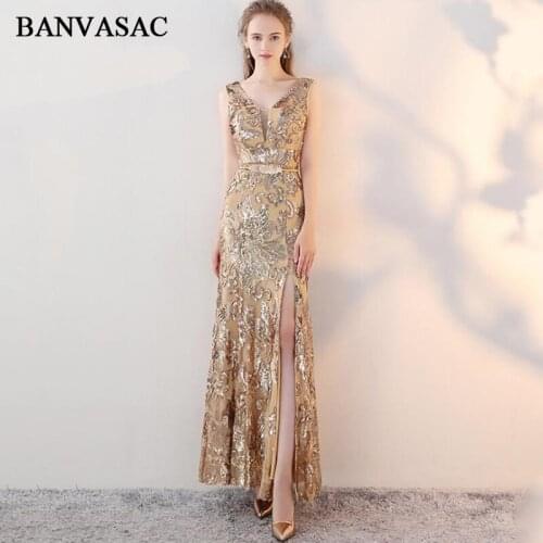 BANVASAC 2018 Lace V Neck Sequined Split Mermaid Long Evening Dresses Elegant Party Metal Sash Backless Prom Gowns