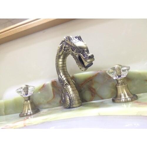 Free ship Antique brass 3 Pcs 8" WIDESPREAD LAVATORY BATHROOM SINK DRAGON FAUCET mixer tap Crystal handles