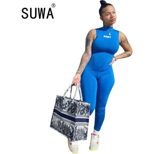 Letter Print Blue Skinny High Waist Pencil Pants Trousers Women Summer Outfits Evening Party Jumpsuit Overalls Sexy Fitness Wear