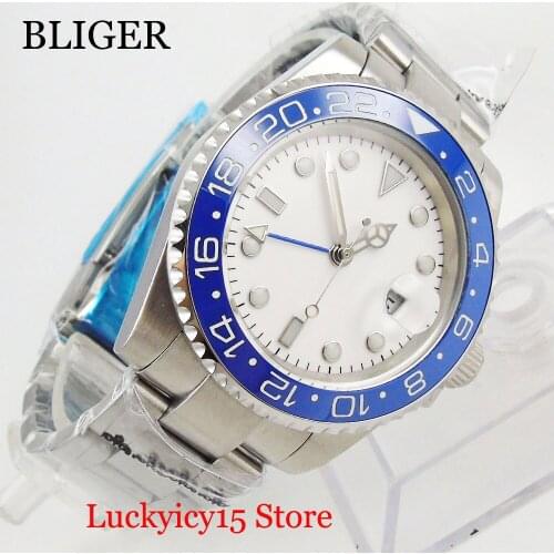 BLIGER Sterile White Dial Sapphire Crystal Round Stainless Steel 40mm Self Winding Men Wristwatch GMT Function Auto Movement