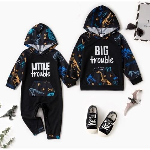 PatPat Dinosaur and Letter Print Black Long-sleeve Sibling Matching Hoodies