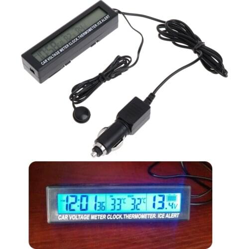 Digital LCD Clock Car Voltmeter Thermometer Battery Voltage Temprerature Monitor 12V/24V