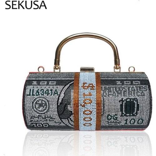 Dollar Cash Letter Women Evening Bags Party Wedding Handbags Rhinestones Black Color Crossbody Day Clutch