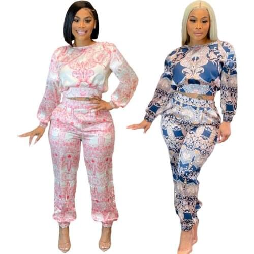 Two Piece Dashiki Female Printed Long-Sleeved T-Shirt Top + Straight Trousers Autumn New Casual Trouser Suit African Clothing