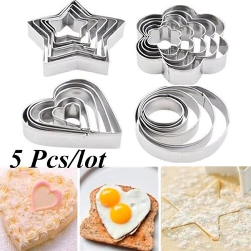 5 Pcs/set Stainless Steel Fondant Cake Baking Mold Round Heart Flower Star Shape Mold Cookie Biscuit Cutter Decorating Moulds