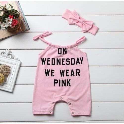 Letter Newborn Baby Girl Summer Bodysuit Pink Sleeveless Cotton Jumpsuit Outfit Sunsuit Headband