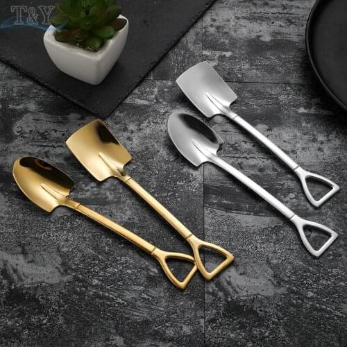 T&Y 4pcs 304 Stainless Steel Gold New Flat Sharp Shovel Dessert Spoon, Ice Cream Watermelon Scoop Spoon, Stirring Coffee Spoon