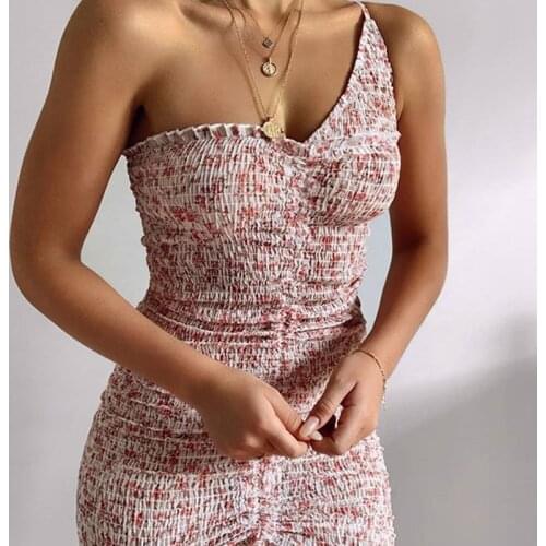 Summer New High Quality Women One Shoulder Indi Ruched Mini Dress Beige Floral Holiday Beach Female Mini Dress 2021