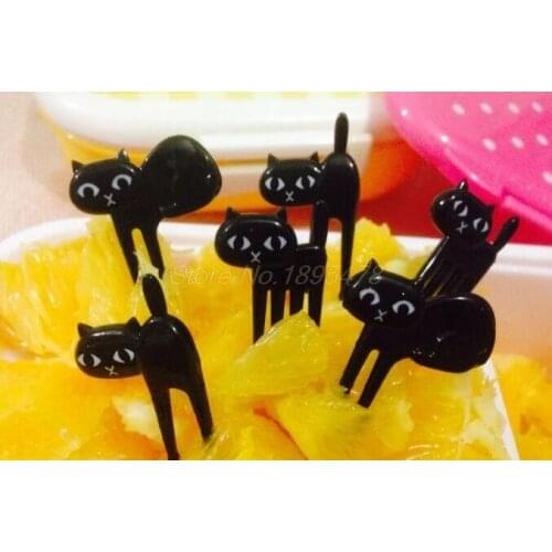 200Set New Mini Animal Fork Fruit Picks Cute Cartoon Cat Children Fork Bento Lunch Box Decor Accessories Black Color 6Pcs/set