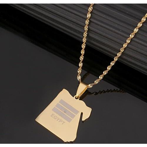 Stainless Steel Gold Color Egypt Country Map Flag Pendant Necklace Egyptians Jewelry