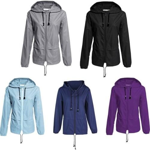 Packable womens coat, solid color waterproof and rainproof hooded windbreaker jacket, outdoor with adjustable drawcord