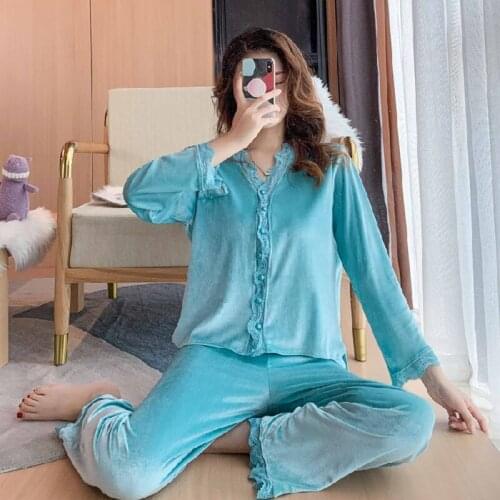 Pajama Set Winter Coral Fleece Women Thick Warm Flannel Velvet Cozy Two Pieces Sleepwear Suit Ladies Home Clothing Homewear