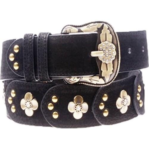 Big Metal Pin Buckle Cowskin Wide Leather Belt For Women Fashion Women Leather Belt Flower Waist Belts Casual Luxury Belts Women