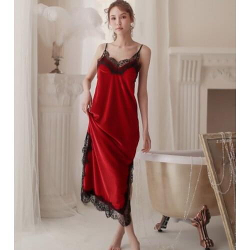 Sexy gold velvet suspenders deep V side split lace stitching long comfortable nightdress nightgown suit ML 5colors
