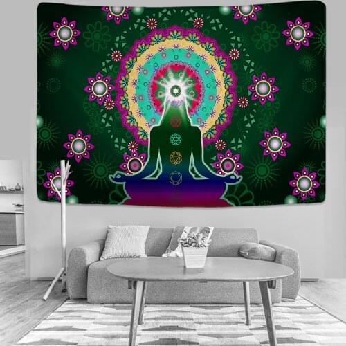 Indian Buddha Statue Meditation 7 Chakra Tapestry Wall Hanging Mandala Tapestries Wall Cloth Psychedelic Yoga Carpet Boho Decor