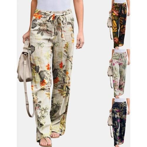 Women Pants Floral Print Drawstring Trousers Mid Waist Straight Leg Loose Pants for Sports