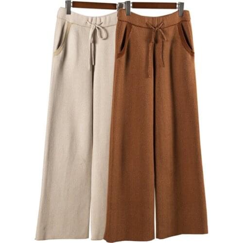 Cashmere wool blend two-tone color knit women wide leg pants drawstring high waist trousers S-XL