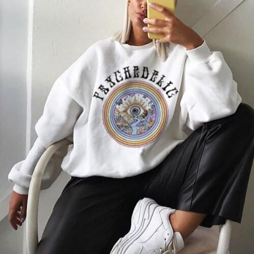 Ladies Leisure Style Loose Hoodies Breathable Spring Autumn Girls Geometric Printing Round Collar Long Sleeve Tops