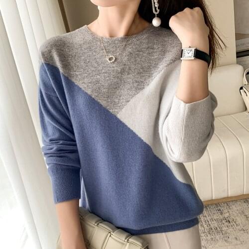 2021 autumn/winter new ladies pullover casual solid color round neck cashmere sweater 100% wool stitching sweater ladies top XXL