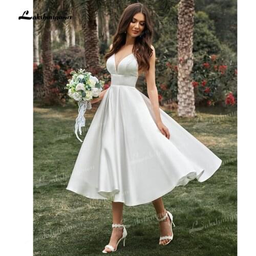 A-Line/Princess Spaghetti Strap Wedding Dress Ruffles V-neck Sleeveless Soft Satin Tea-Length Backless Simple vestidos de novia