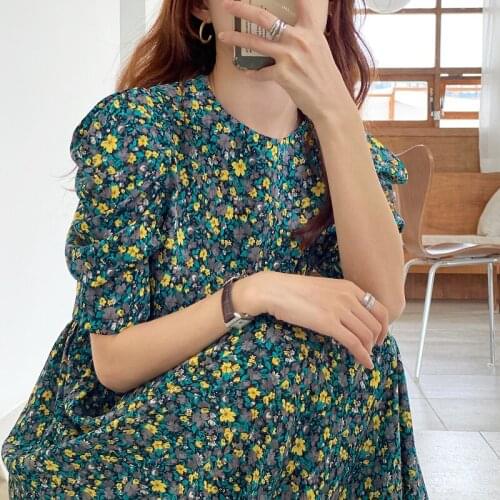 Korean Chic Vintage Elegant O Neck Dress 2020 Summer Puff Sleeve Robe Femme Sweet Flower Print High Waist Hollow Out Dresses