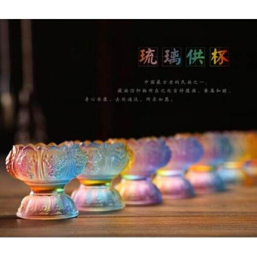 2020 Wholesale Buddhist articles-efficacious HOME family Protection Talisman- 7 Colored Glaze Lotus lamp holder Holy water cup