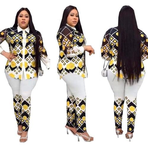 2021 African Clothes for Women Summer Sexy African Women Long Sleeve Printing Two Pieces Sets Top and Pant African Suit