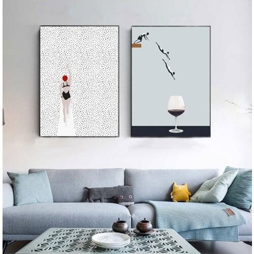 Abstract Nordic Poster Swim Wine Glass Canvas Painting Wall Art Pictures For Living Room Decorative Prins On The Wall