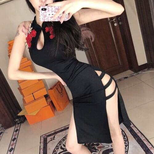 Asian Dress Chinese Style Black High Collar Split Dress Vestido Cheongsam Qipao Sexy Oriental Dress