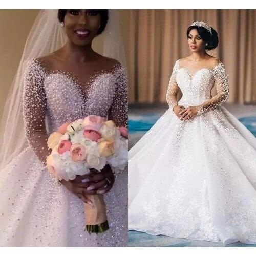 Plus Size Saudi Arabic Sparkly Luxurious Wedding Dresses Pearls Crystals Lace Bridal Gowns Sheer Neck Bride Gown Mariage