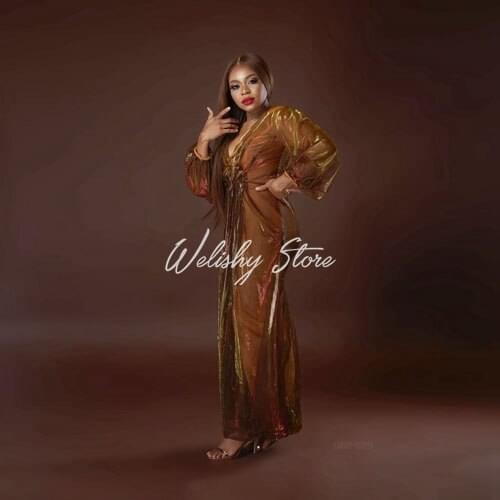 Shiny A-line Long Sleeves Dresses Women Robe Sexy See Thru V-Neck Lantern Sleeve Ankle Length Party-Dress Custom Made