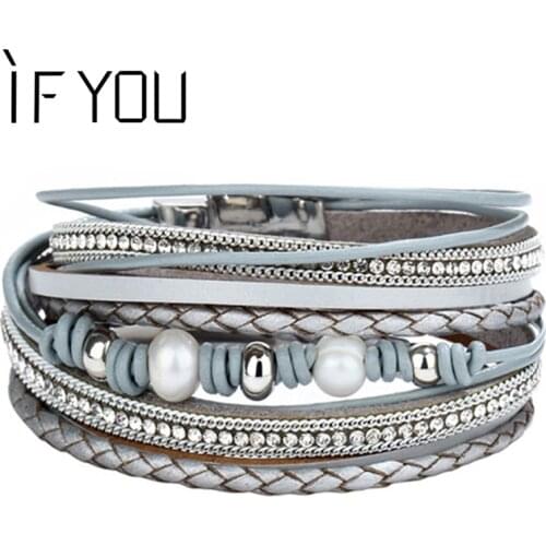 IF YOU Vintage crystal Imitation Pearl Leather Bracelet For Women Charm Multiple Layers Braided Bracelets Fashion Jewelry 2019