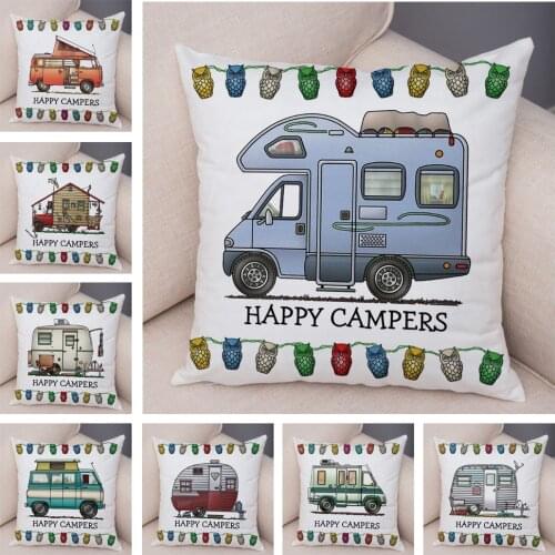 Happy Campers Pillow Case Decor Cartoon House Travel Car Cushion Cover for Sofa Home Children Room Super Soft Plush Pillowcase