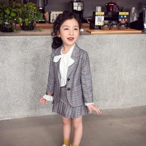 Girls Spring Autumn Plaid Suit Set Children Western Style Plaid Blazer Pleated Skirt 2pcs Outfit Kids Fashionable Partry Costume