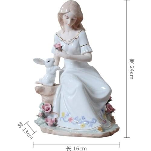 PORCELAIN LADY AND RABBIT FIGURINE CERAMIC BEAUTY STATUE CRAFT ORNAMENT ACCESSORIES FOR HOME DECOR VALENTINES DAY GIFT R2187