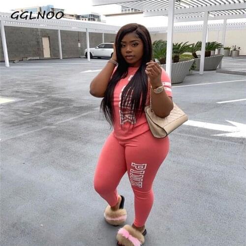 GGLNOO Letter Printing Two Pieces Sweatsuit O Neck Long Sleeve Print Two Pieces Outfits Lady Casual Slim Tracksuits