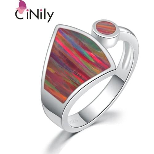 CiNily Rainbow Large Fire Opal Rings Silver Plated Orange Red Blue Sector Waterdrop Ring With Stone Jewelry Gift for Women Girls