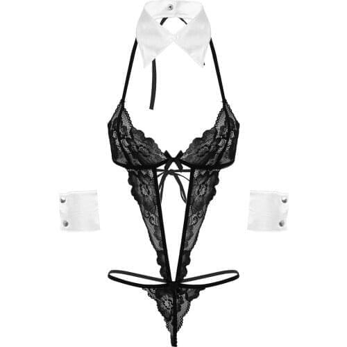 Women Erotic See Through Sheer Lace Lingerie Set Halter Neck Backless T-back Thong Bodysuit Maid Uniform with Collar Wrist Cuffs