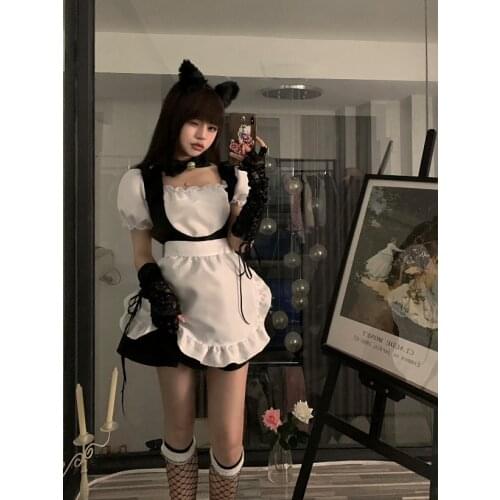 Summer Japanese Harajuku Black Cos Cat Maid Dress Hot Girl Fashion Lolita Temperament Kawaii Sweet Quadratic Element Dress