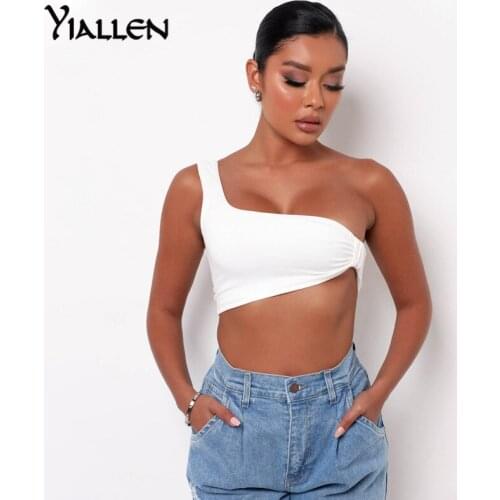 Yiallen Summer 2021 New Women Solid Single Shoulder Tanks Crop Top Tie Bodycon Sexy Streetwear Party Club Clothes Cute Hot