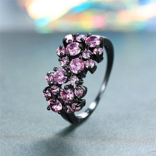 Cute Female Princess Pink Stone Ring Vintage Black Gold Wedding Rings For Women Promise Love Engagement Ring