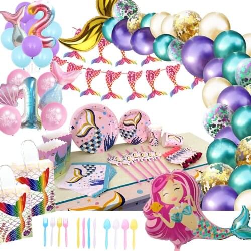 Little Mermaid Tail Party Decor Mermaid Birthday Party Disposable Tableware Cup Blowout Kit Girl Faovr Birthday Party Supply
