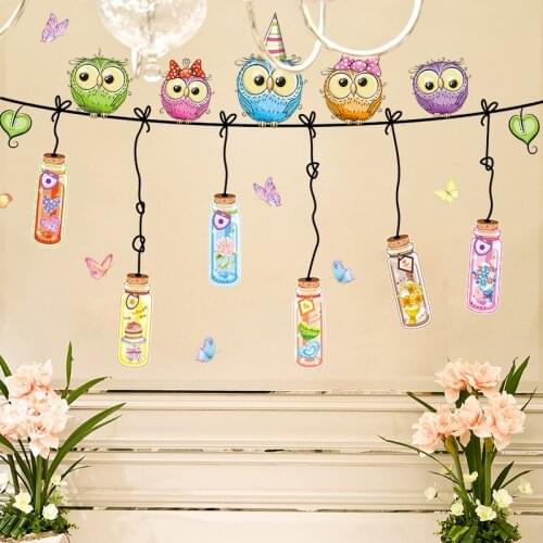 Cartoon Five Owls drifting bottle butterfly Wall Sticker PVC Art For Bedroom nursery Mural Home Decor Adesivo De Parede Infantil