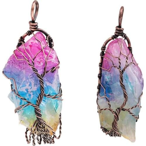 Natural Stone Multicolored Pendant Color Crystal Handmade Twisted Iron Long Sweater Chain Necklace with PU Cord