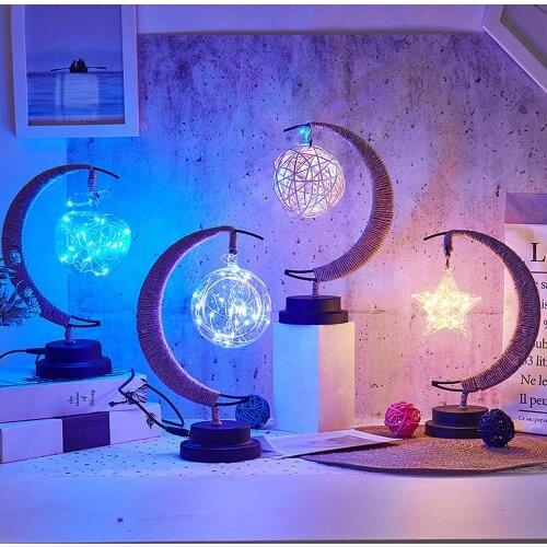 LED Star Night Lamp moon/Sepak takraw/Christmas gift Handmade Hemp Rope USB Wrought Iron Table Light Bedroom Decoration Lights