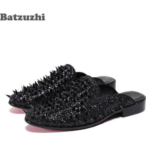 New Fashion Mens Sandal Shoes Black Long Rivets Leather Slippers Sandal for Men Party Summer Sandalias Mujer Gladiator, EU38-46