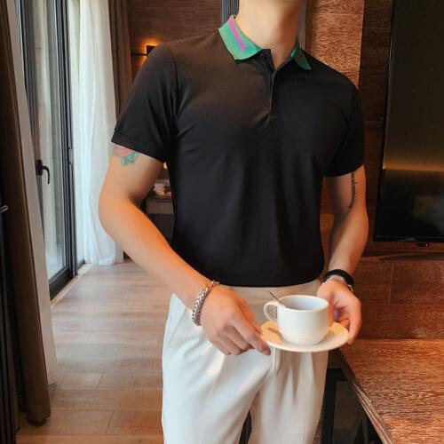 Contrasting Lapel Men Polo Shirt Summer Short Sleeve Slim Casual Polo Shirts Solid Color Business Social Top Streetwear Clothing