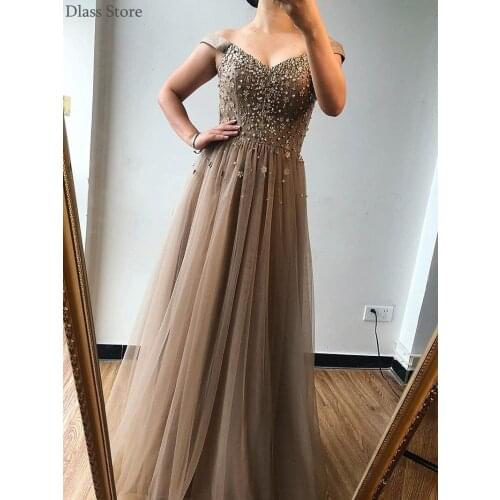 Khaki Evening Dress A-line Tulle legant Beads Sequins Off Shoulder V-neck Floor Length Sleeveless Prom Dress платье на выпускной